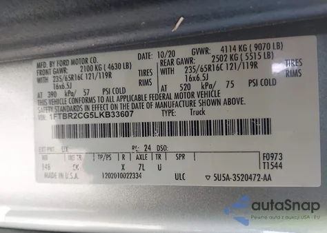 2020 Ford Transit-250 z USA, uszkodzony, nr VIN 1FTBR2CG5LKB33607